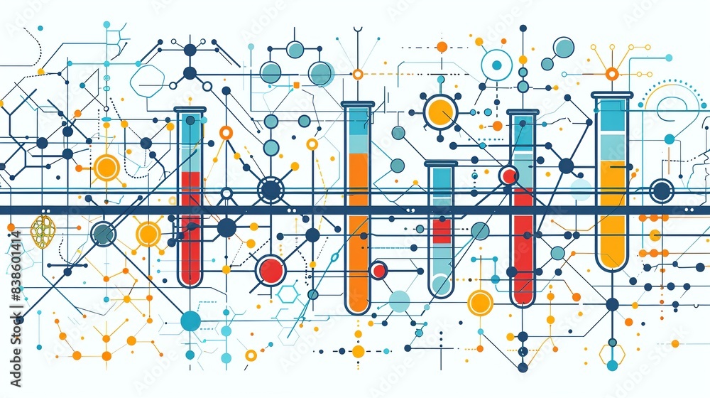 Naklejka premium Flat color background with a mix of geometric shapes and molecular diagrams, featuring icons of biotechnology like test tubes and gene editing tools integrated into the design. Flat color