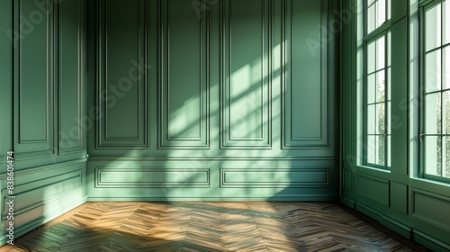 Sunlight casting through window onto the green wall panels and herringbone wooden floor