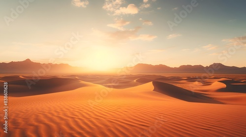 Sunset over sand dunes. 3d render illustration of desert