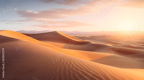 Desert sand dunes panorama at sunset, natural landscape background © Iman