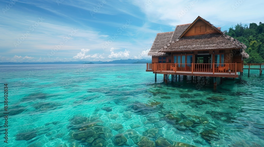  Bungalow in the middle of clear blue water at a tropical resort