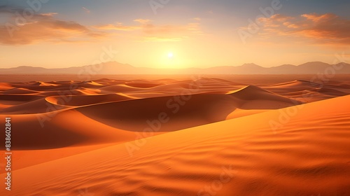 Desert sand dunes at sunset. Panoramic landscape.