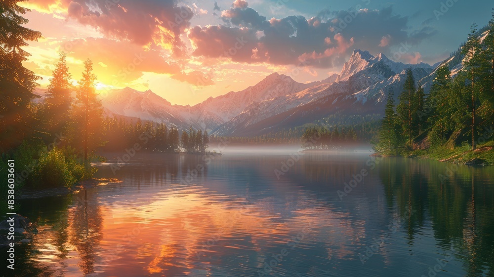 a fotorealistic shot of a quiet lake surrounded by forest and mountains in the background on sunset a fotorealistic shot of a quiet lake surrounded by forest and mountains in the background on sunset