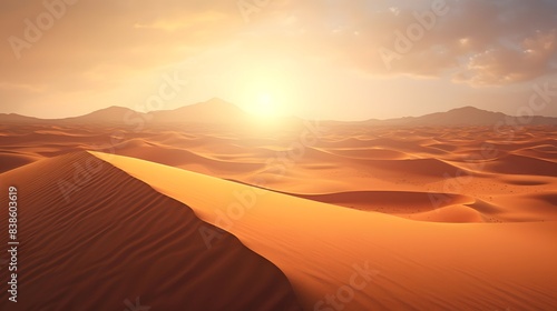 Desert sand dunes panorama at sunset. 3d render