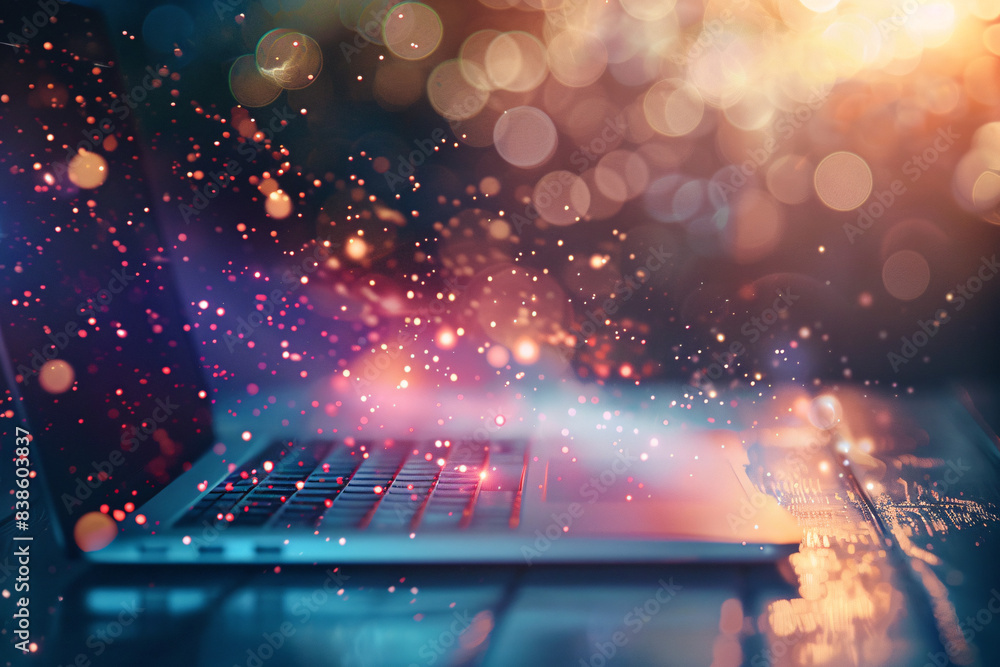 laptop with sparkles and bokeh lights creating a magical and dreamy atmosphere