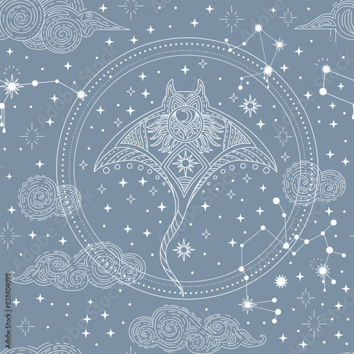 Star constellation clouds and sea stingray seamless pattern
