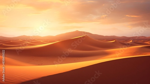 Desert sand dunes panorama at sunset. 3d render