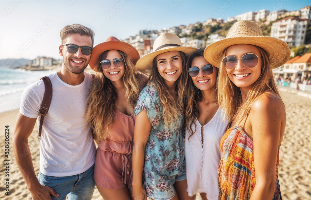 Group of friends is smiling on a sunny beach while enjoying their summer vacation Group of friends is smiling on a sunny beach while enjoying their summer vacation