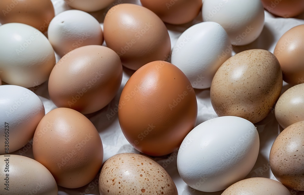Close-up image of chicken eggs neatly arranged in a carton. The eggs are brown and white. Close-up image of chicken eggs neatly arranged in a carton. The eggs are brown and white.