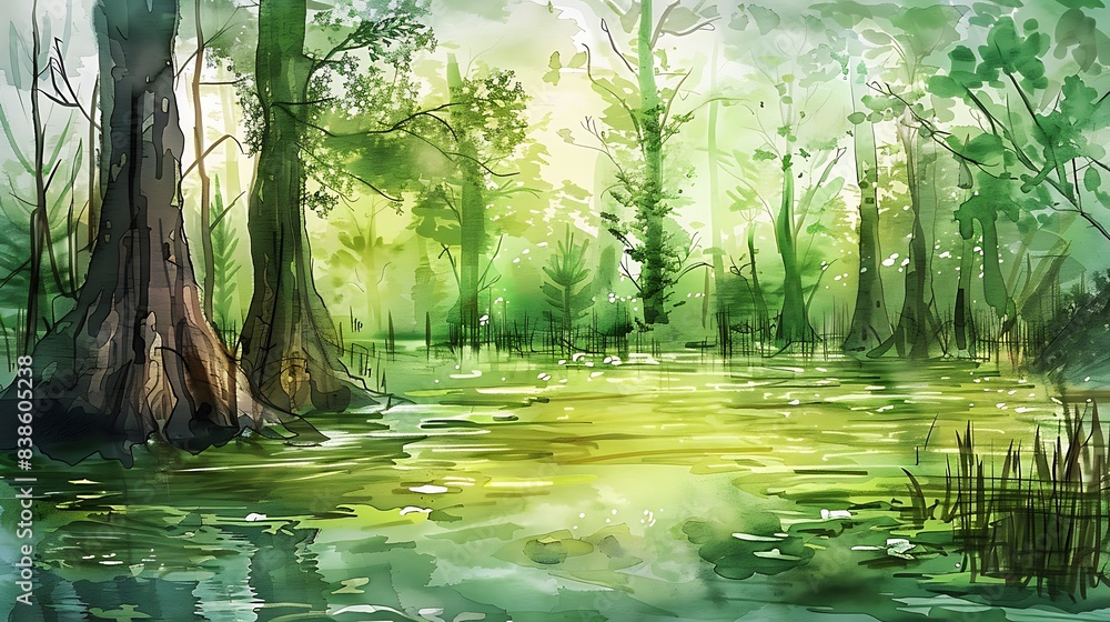 Obraz premium Watercolor painting of swamp in the rainforest. Nature tropical jungle scenery background