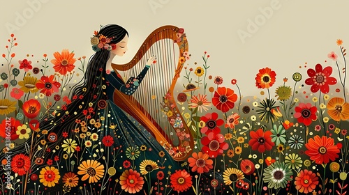 Illustration of a nymph playing a harp among a field of oversized, fantastical flowers, with the mythical figure and floral elements blending seamlessly in a captivating design. Flat color