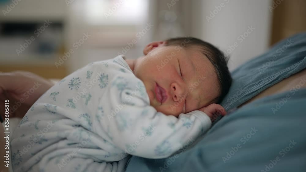 Sleeping newborn baby resting on parent's chest, dressed in a patterned onesie, peaceful and content expression, intimate family moment, cozy indoor setting, soft and warm atmosphere Sleeping newborn baby resting on parent's chest, dressed in a patterned onesie, peaceful and content expression, intimate family moment, cozy indoor setting, soft and warm atmosphere