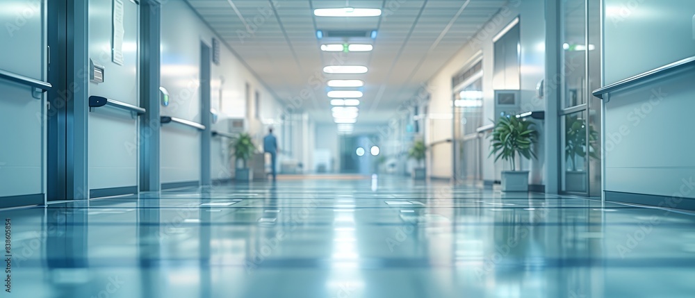 Bright and clean hospital corridor with polished floors, green plants, and soft lighting, featuring a modern healthcare environment. Bright and clean hospital corridor with polished floors, green plants, and soft lighting, featuring a modern healthcare environment.