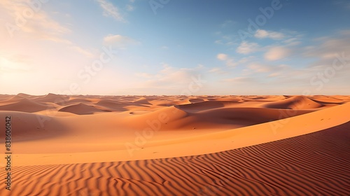 Desert panorama with sand dunes and blue sky at sunset