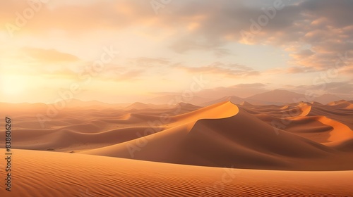 Desert sand dunes panorama at sunset. 3d render