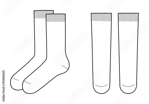 Mid Calf Socks length set. Fashion hosiery accessory clothing technical illustration stocking. Vector front, side view for Men, women, unisex style, flat template CAD mockup sketch outline isolated 