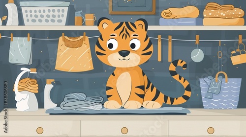 A tiger ironing clothes on an ironing board, concentrating on smoothing out the wrinkles, in a tidy laundry room. Flat color illustration, shiny, Minimal and Simple, photo