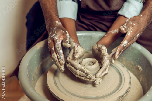 Hands of two people making a new pottery product together