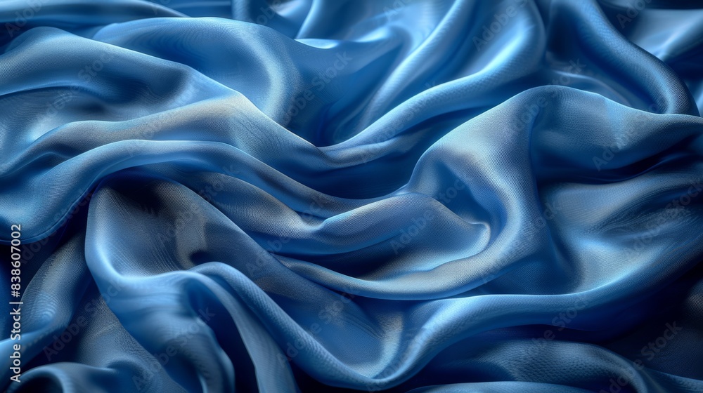 High-quality close-up shot of luxurious blue satin fabric with cascading folds creating visually appealing shadows and highlights High-quality close-up shot of luxurious blue satin fabric with cascading folds creating visually appealing shadows and highlights