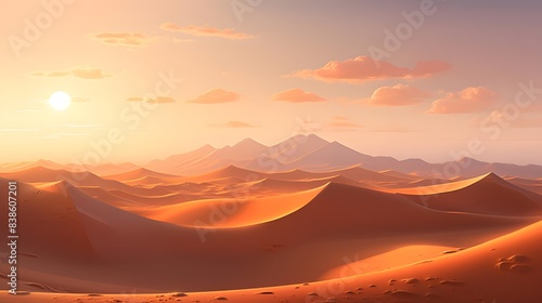 Desert sunset panorama with sand dunes. 3d illustration