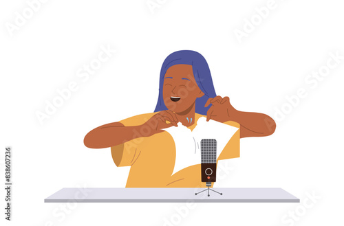 Cute funny girl child asmr artist cartoon character tearing paper sheet to voice radio content