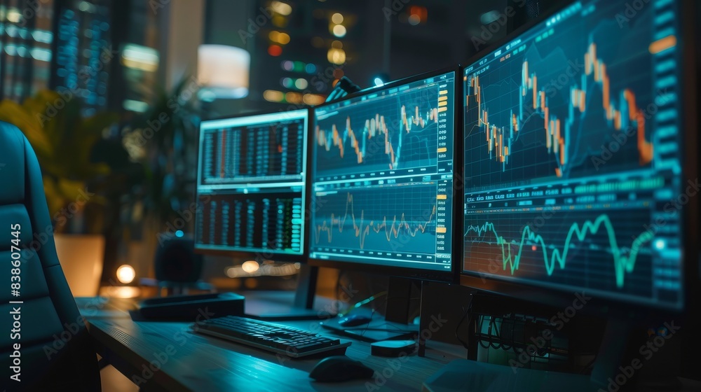 A workstation with multiple computer monitors displaying various stock market graphs and analysis in a dimly lit office environment A workstation with multiple computer monitors displaying various stock market graphs and analysis in a dimly lit office environment