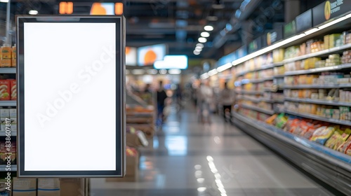 Wallpaper Mural Blank Advertising Mockup for Supermarket Advertisement, Modern Supermarket Aisle with Blank Advertising Display, Vibrant Grocery Store Shelves, Customers in Background, Blank Advertising Billboard Torontodigital.ca