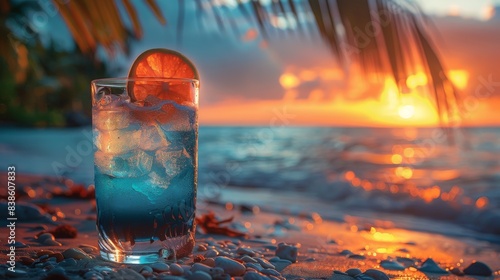 A glass with a beverage stands on a pebble beach with a vibrant sunset over the ocean and a palm leaf silhouette