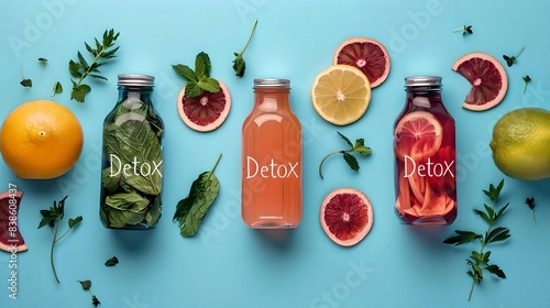 Bottles of detox juices with fresh fruits and herbs on a blue background, promoting healthy lifestyle and detoxification.
