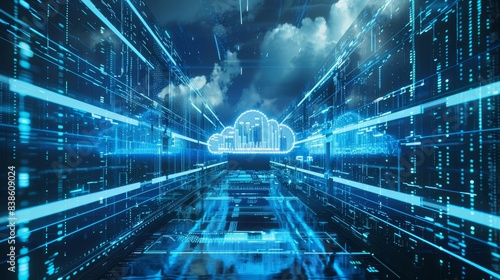 futuristic blue digital cloud data storage concept 3d render