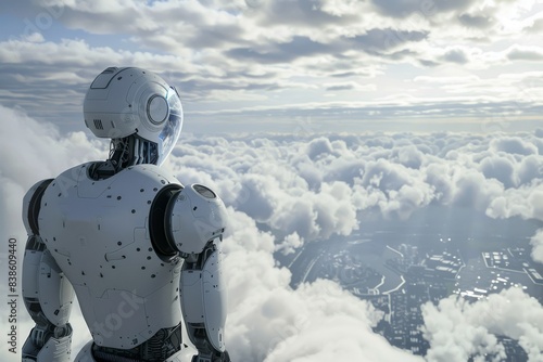 This photo is a rear view of a humanoid robot with a holographic head that looks at a sea of clouds from above