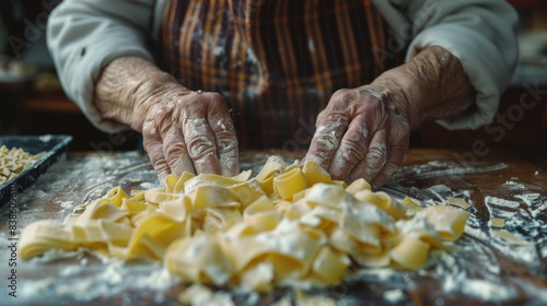 Skillful hands of an elderly person gracefully fold and cut pasta dough on a floured wooden surface