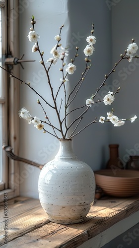 willow sprig in a white ceramic vase, extreme details, photo taken with Sony Alpha 