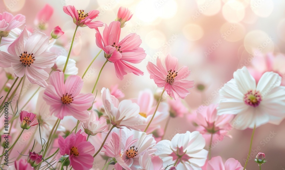 White and pink flowers in backlight. AI generations. There is space for text. White and pink flowers in backlight. AI generations. There is space for text.
