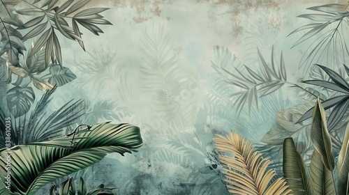 Tropical vintage botanical landscape illustration  palm tree  vegetable flower border background. Mural wallpaper. AI generated illustration