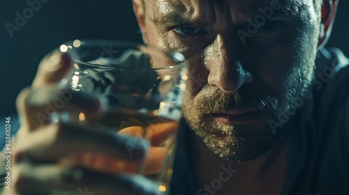 man grappling with alcohol addiction despair and struggle reflected in tortured expression gripping glass of liquor emotional portrait photo