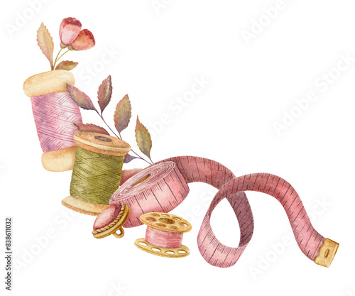 Spool of thread and measuring tape with flowers for tailor’s atelier design. Hand drawn watercolor painting of in vintage style. Pink sewing tool of dressmaker illustration. Sewing supplies hobby.