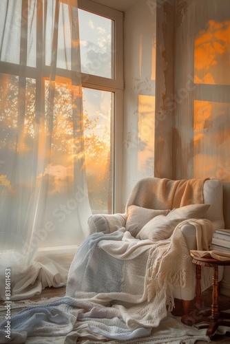 Bedroom with cozy reading corner, concept relaxation space, focus on, cozy theme, ethereal, Double exposure, armchair backdrop © Rainister