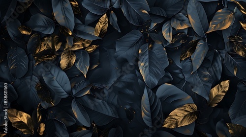 Abstract luxury detailed of dark and gold tropical leaves wallpaper.