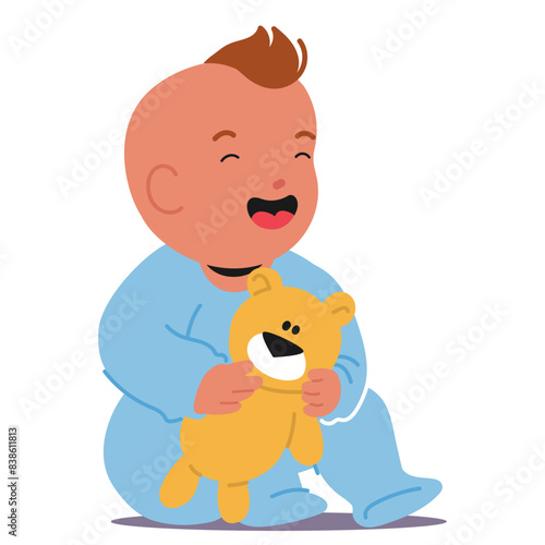 Adorable Baby Boy Sitting And Laughing Joyfully, Clutching A Cute Teddy Bear. He Is Dressed In A Cozy Blue Onesie