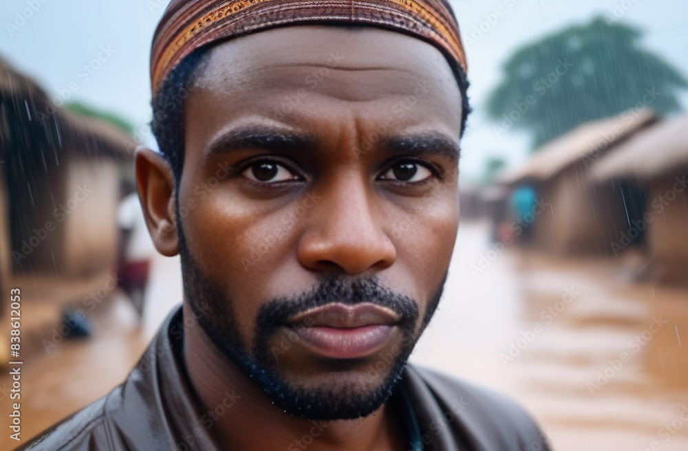 close-up portrait of a man with brown eyes in an African village in the rain close-up portrait of a man with brown eyes in an African village in the rain