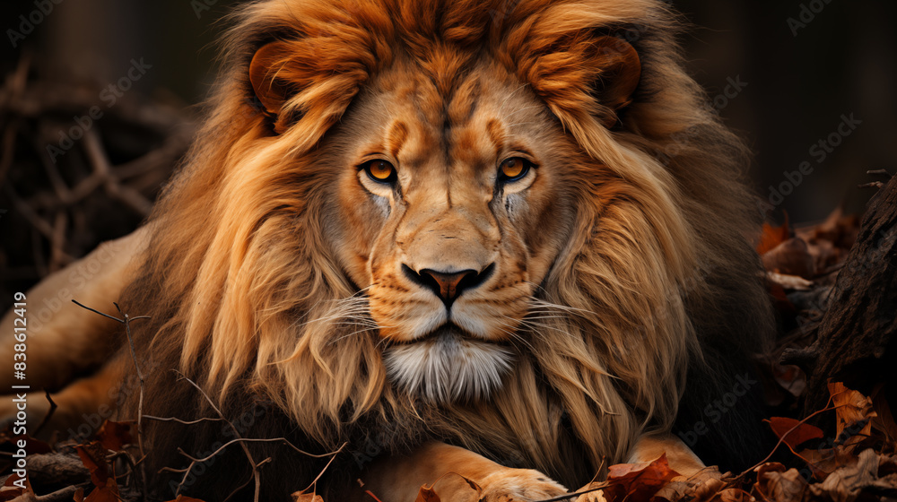 Fototapeta premium Stunning close-up footage immerses viewers in the world of the lion, showcasing its majestic presence and formidable stature. Lion, ruler of the wilderness, reigns supreme in its domain.