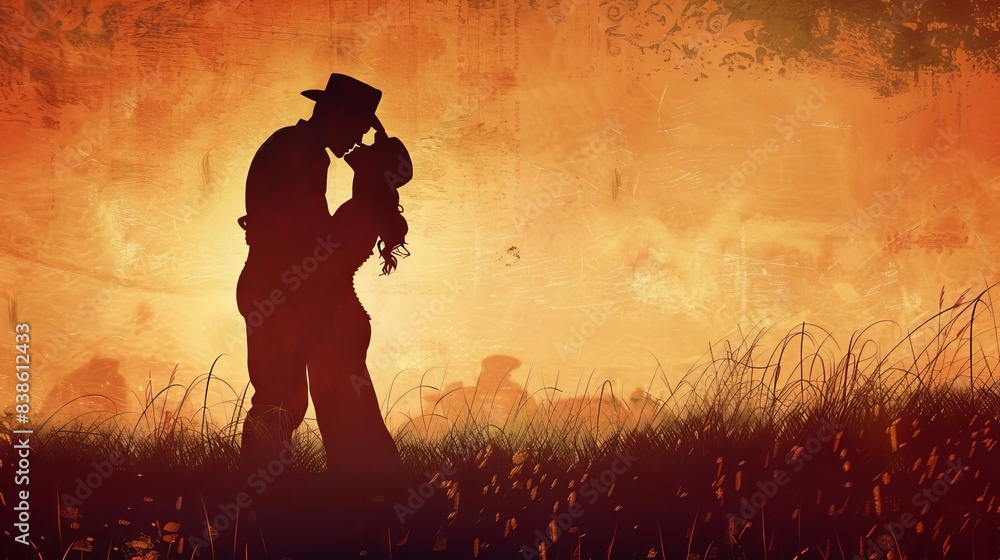 Fototapeta premium passionate wild west couple kissing at sunset vintage retro noir romance on farm digital painting