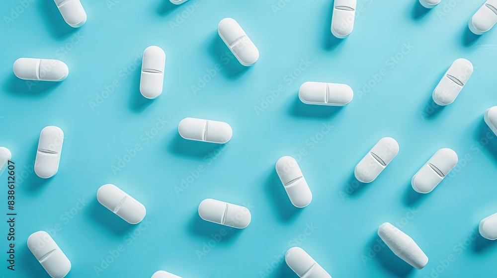 pharmaceutical background white antibiotic pills on vibrant blue closeup photo pharmaceutical background white antibiotic pills on vibrant blue closeup photo