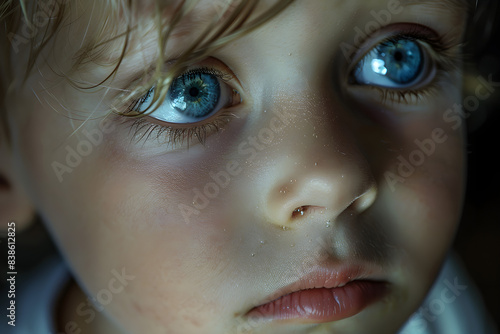 Dejected expression in the eyes of a child, reflecting deep sadness and discouragement photo