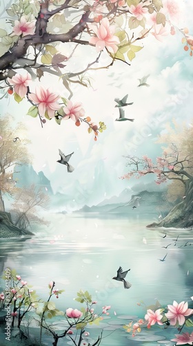 Beige background  fog  humpback bridge  flowering tree branch  birds. Mural wallpaper. AI generated illustration