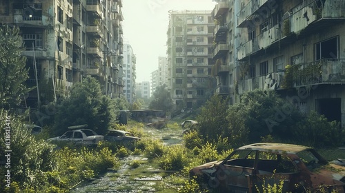 postapocalyptic city abandoned buildings and overgrown streets dystopian 3d rendering