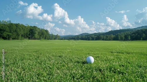 pristine white golf ball resting on immaculate grassy fairway of scenic golf course on sunny summer day