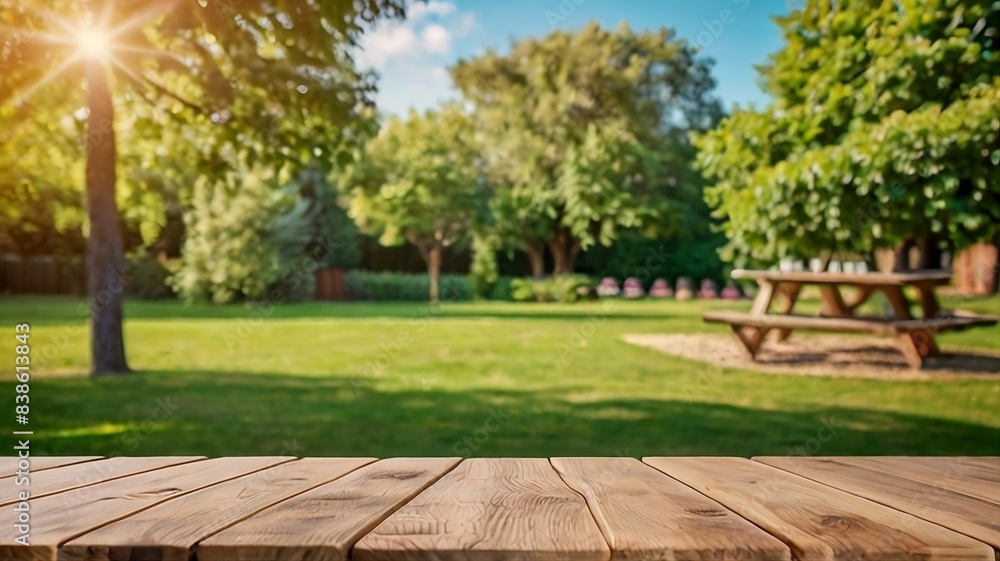 Empty wooden table in summer background with the blurred green garden and picnic or BBQ in the background created with generative ai