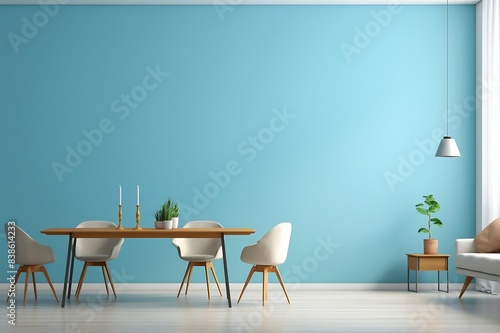 Interior of modern dining room with blue wall.